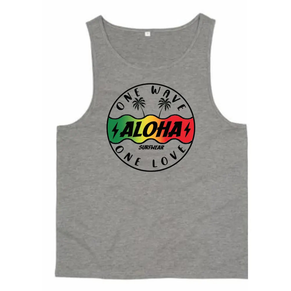 Image d'un debardeur Homme surfwear gris avec un logo reggae de la marque Alohasurfwear