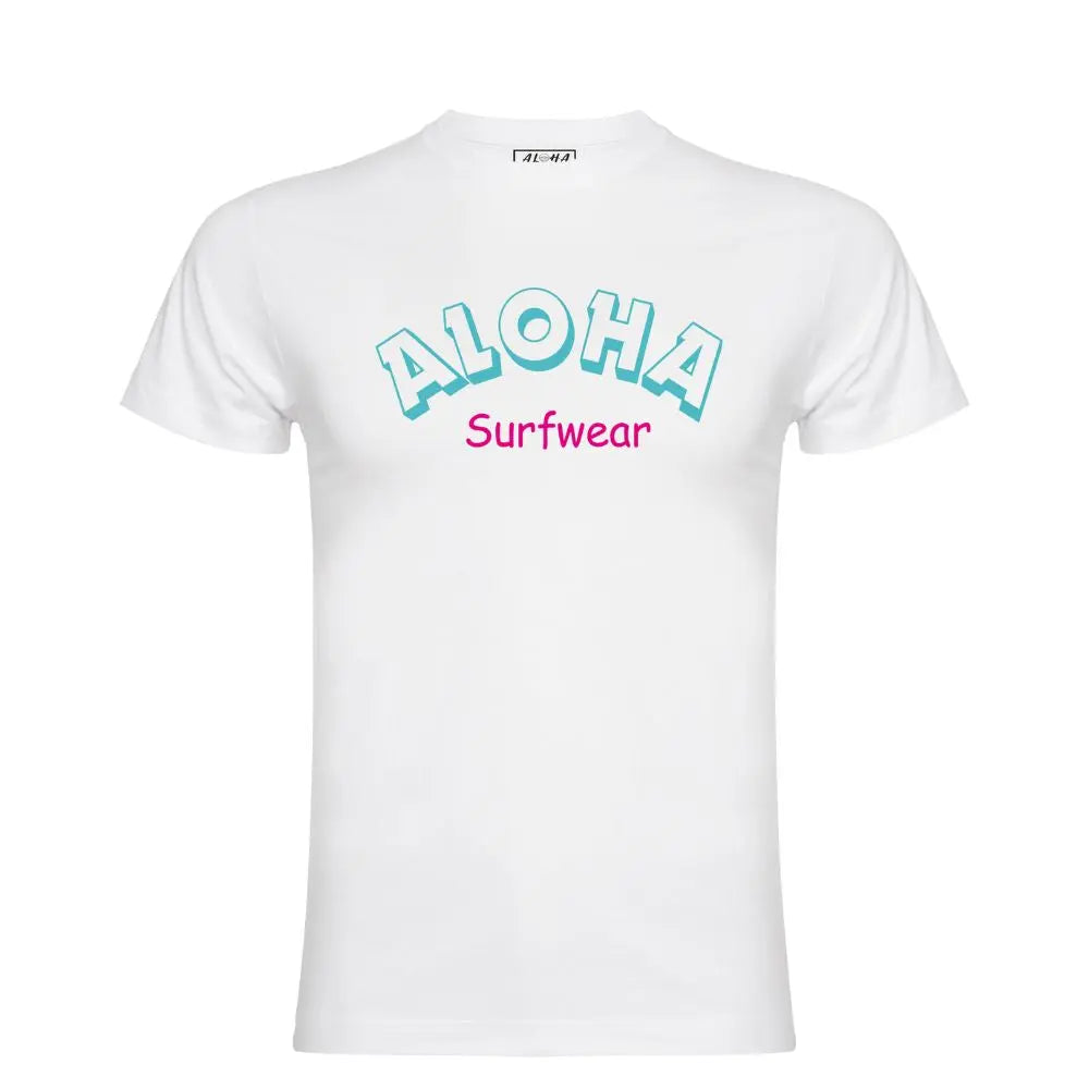 image d'un t-shirt blanc surfstyle San diego avec logo au niveau de la poitrine de couleur bleu ciel et rose de la marque alohasurfwear