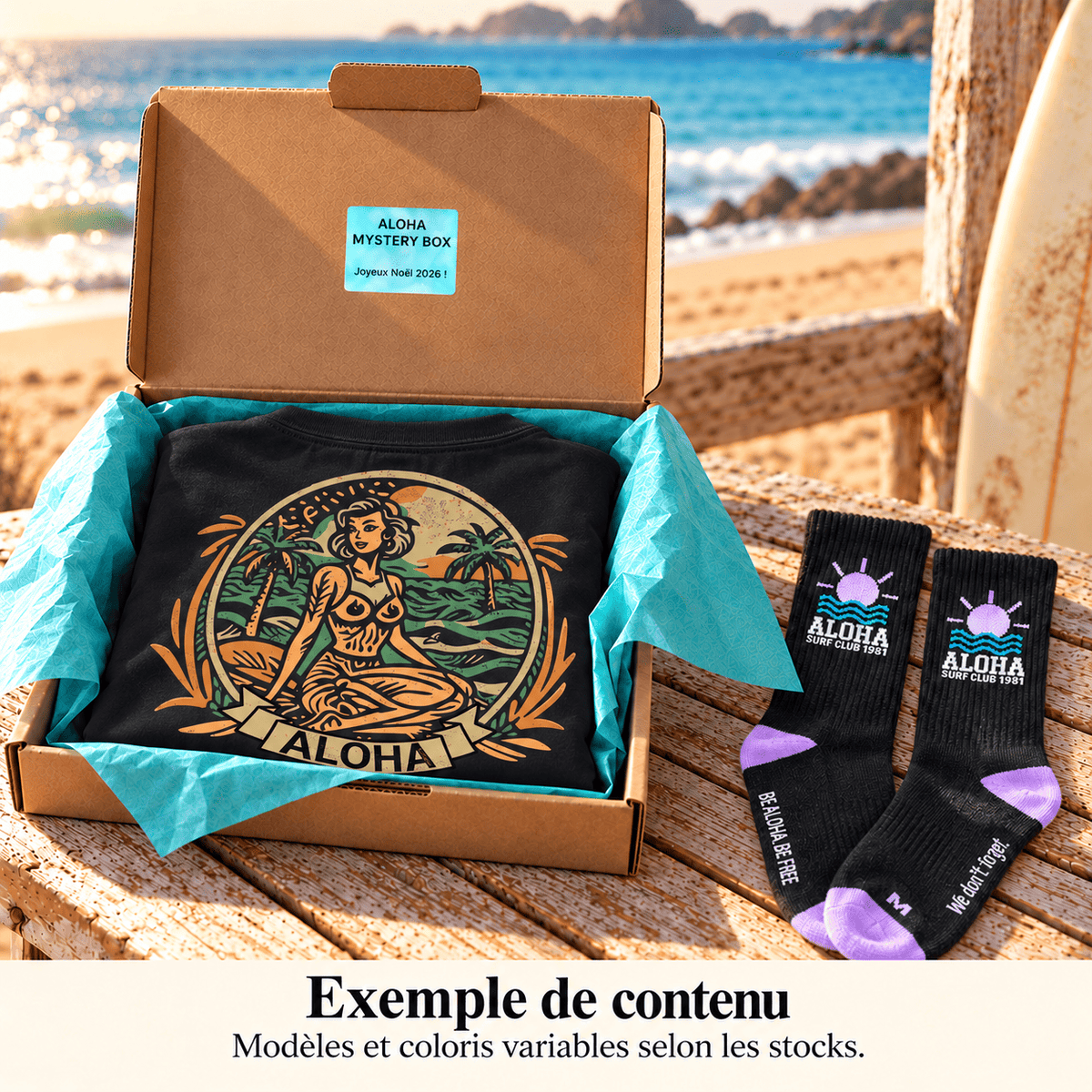 Exemple de contenu de l’Aloha Mystery Box – modèles et accessoires variables selon les stocks
