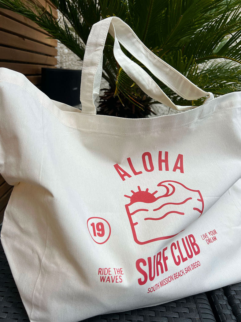 sac tote bag beige clair avec logo aloha rouge 